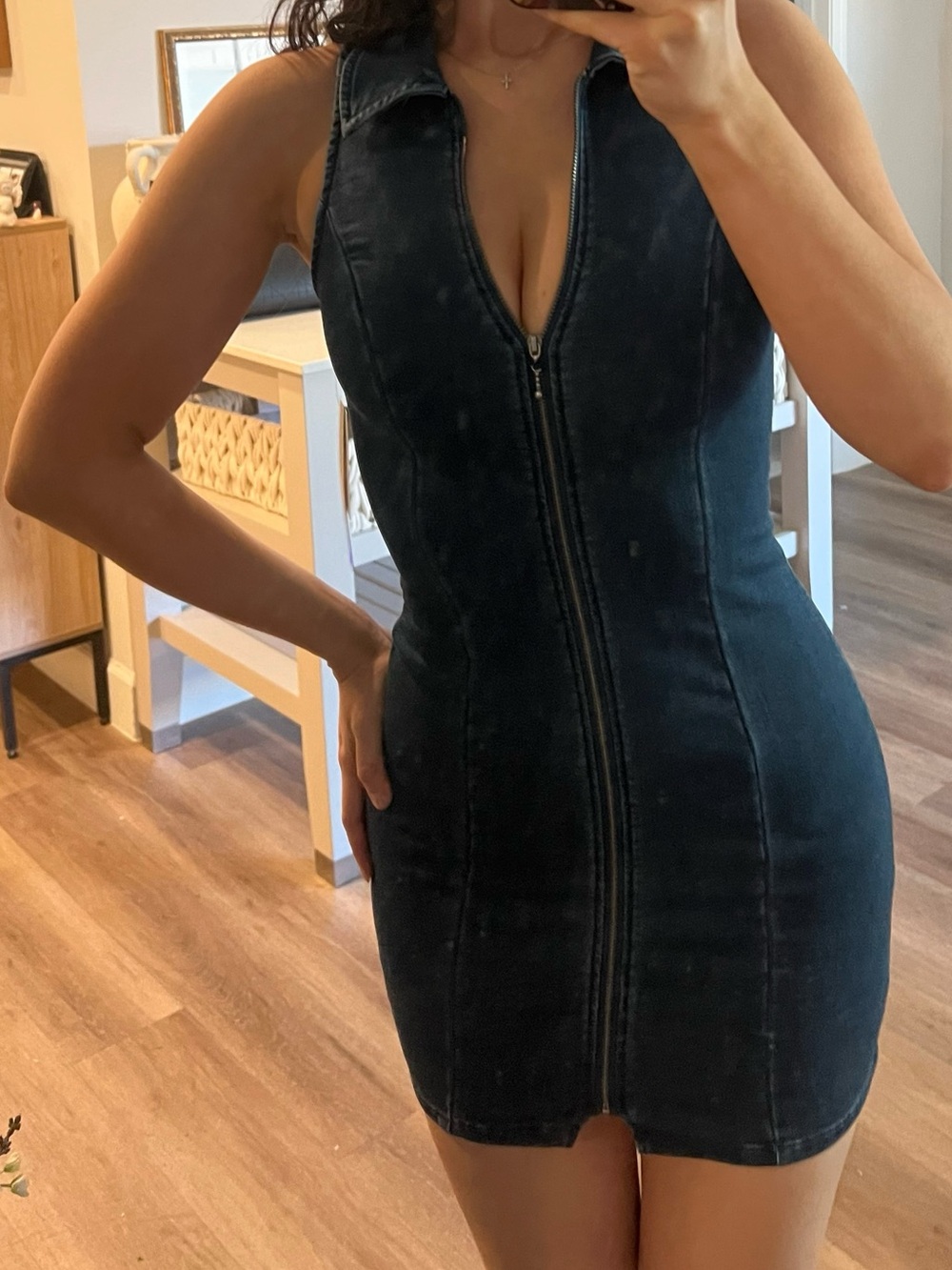 Dark Blue Denim Zip-Front Bodycon Mini Dress